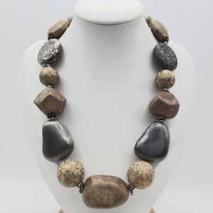 You and I Beaded Necklace Chunky Statement Tan Silver Tone Metallic Faux Stone